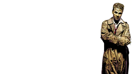 Minimalist HD PC desktop wallpaper showing Constantine (DC Comics) from Hellblazer: trenchcoat-clad comic antihero standing at right on a white background.