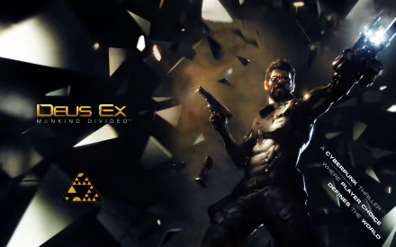 HD wallpaper featuring Adam Jensen from the video game Deus Ex: Mankind Divided, showcasing a dynamic pose amidst a backdrop of fragmented shapes and energy.