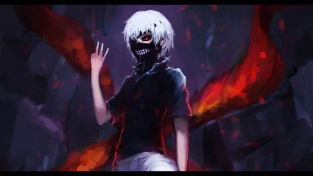 HD desktop wallpaper of Ken Kaneki from Tokyo Ghoul with white hair, red eyes, and a mask, displaying his kagune.