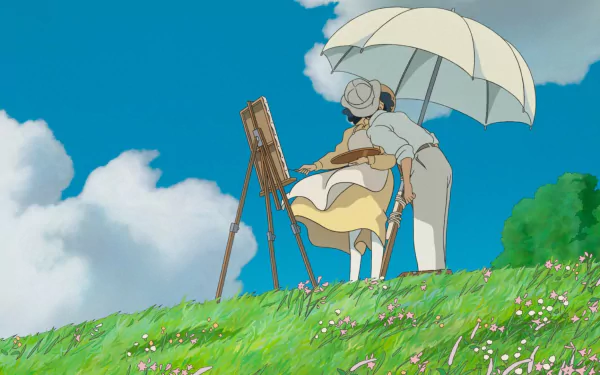 HD desktop wallpaper featuring a scene from The Wind Rises with a character painting under an umbrella on a grassy hill.