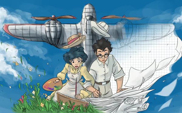 HD desktop wallpaper of The Wind Rises, featuring two animated characters with aircraft blueprints under a flying plane against a blue sky.