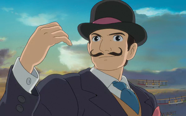 HD desktop wallpaper of a character from The Wind Rises against a cloudy sky background.