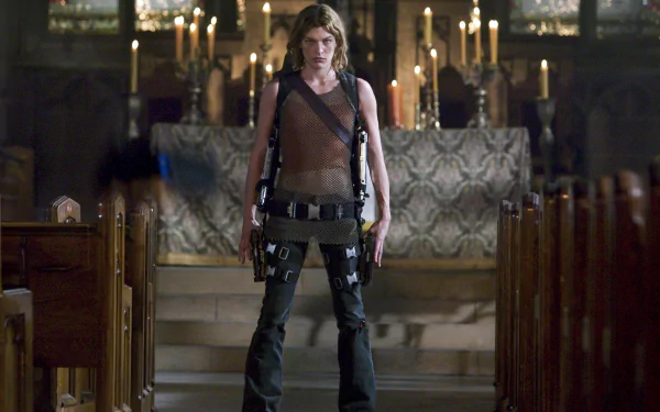 Milla Jovovich stands confidently in a dimly lit church, dressed in tactical gear from the film Resident Evil: Apocalypse, surrounded by flickering candles and church pews.