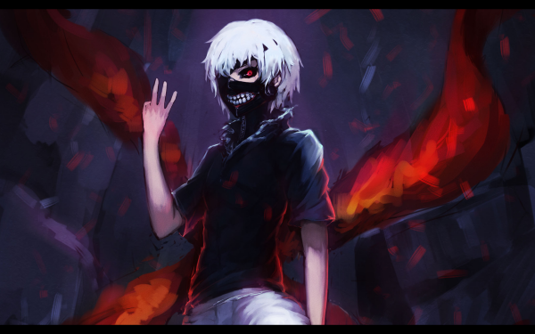 Anime Tokyo Ghoul Ken Kaneki Kagune Mask Teeth Red Eyes White Hair Shirt HD Wallpaper | Background Image