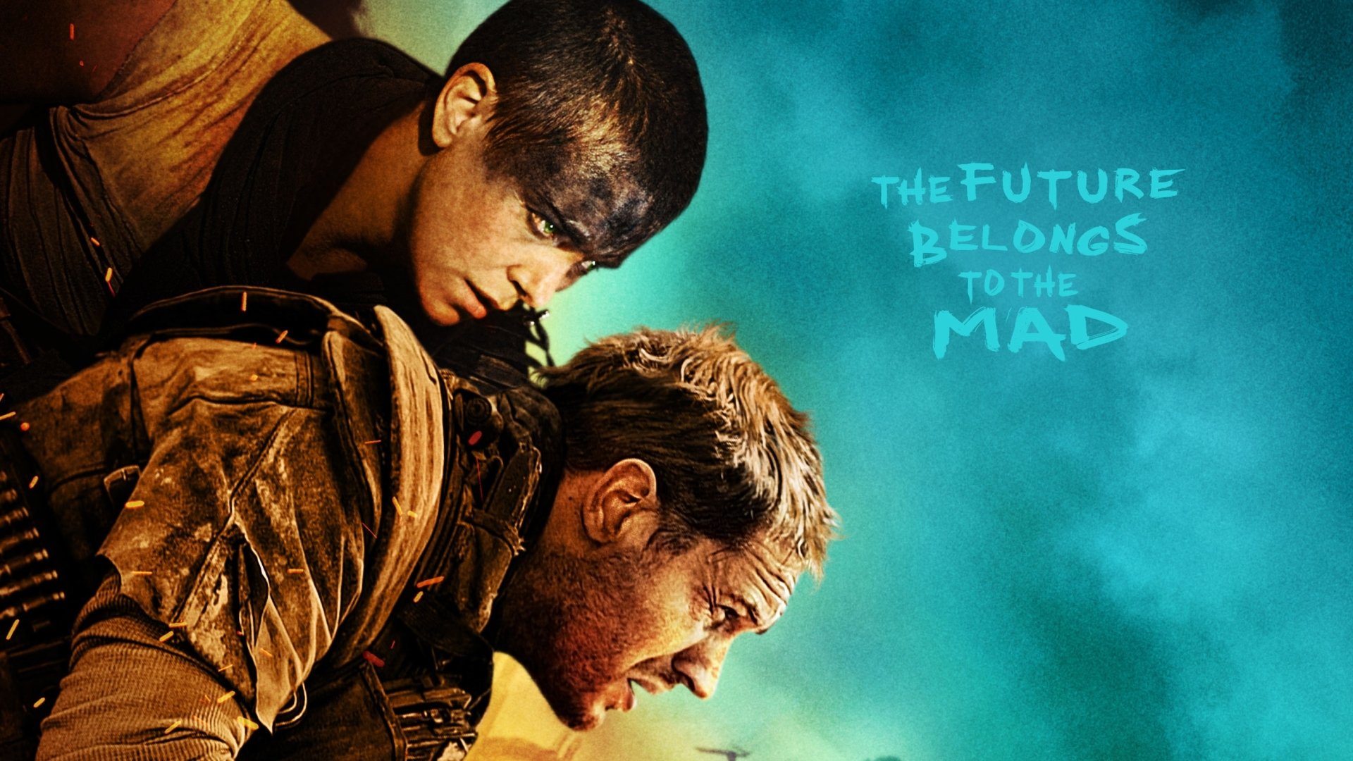 HD PC desktop wallpaper featuring Imperator Furiosa (Charlize Theron) and Max Rockatansky (Tom Hardy) from the movie Mad Max: Fury Road with the text The Future Belongs to the Mad.