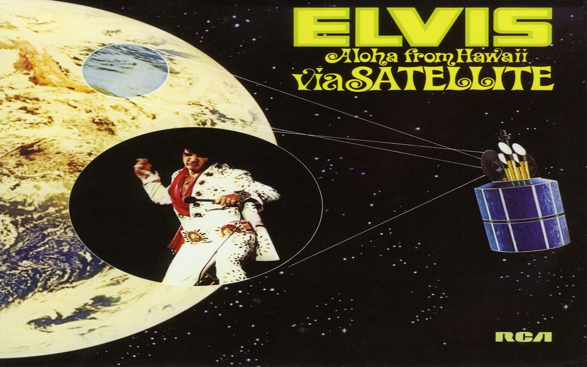HD desktop wallpaper featuring Elvis Presley in a space-themed Rock & Roll design with Aloha from Hawaii via Satellite text and an RCA logo.