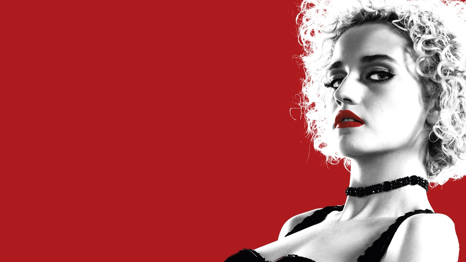 4K Ultra HD wallpaper featuring Eva Green in a striking black-and-white portrait with red accents from the movie Sin City: A Dame to Kill For, set against a bold red background.