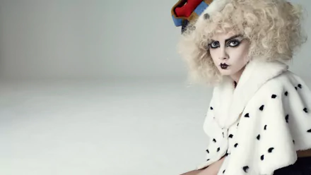 A striking 4K Ultra HD image of a celebrity with blue eyes and bold lipstick, featuring Cara Delevingne in a unique fashion pose, wearing a fluffy coat with a playful style.