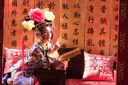 A Taiwanese woman dressed in traditional Chinese costume, holding a scroll, posed against a backdrop of calligraphy in a 4K Ultra HD desktop wallpaper.