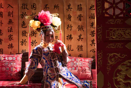 A Taiwanese woman in traditional Chinese costume poses gracefully on a sofa against a backdrop of classic Chinese calligraphy, captured in vibrant 4K Ultra HD.
