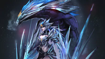 A stunning HD wallpaper featuring Shyvana from League of Legends, showcasing her icy armor and a formidable dragon companion in a dynamic, fantasy setting.