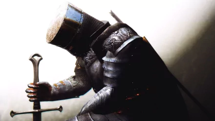 A knight in ornate armor crouches with a sword, embodying a fantasy theme. This high-definition image serves as an engaging desktop wallpaper and background.