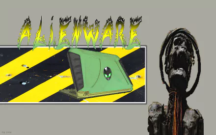 HD PC desktop wallpaper featuring Alienware branding with a futuristic green device and a dark, eerie figure against a gray background with yellow and black stripes.