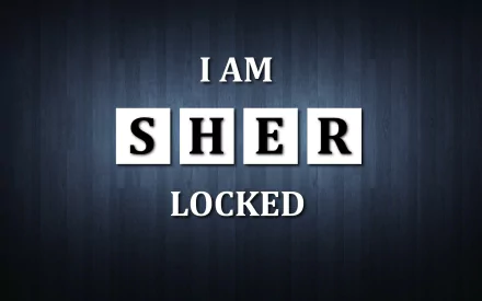 HD desktop wallpaper featuring the text I AM SHER LOCKED from the TV show Sherlock. The letters S H E R appear on white tiles, set against a dark blue background.