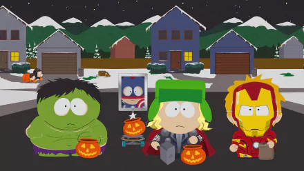 South Park characters Kyle, Stan, Eric, and Kenny dressed as Hulk, Captain America, Thor, and Iron Man, holding Halloween pumpkin buckets in a snowy neighborhood at night.