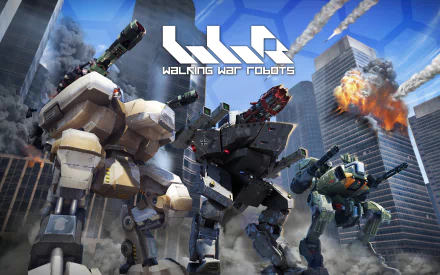HD desktop wallpaper featuring three mecha robots from the video game Walking War Robots in an urban battleground with skyscrapers and explosions in the background.