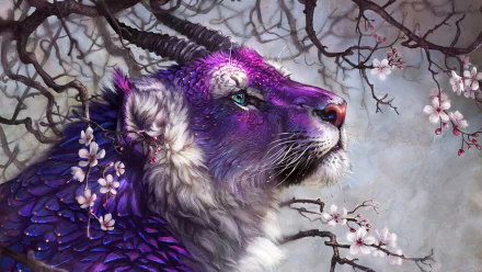 HD desktop wallpaper featuring a mythical tiger with a vibrant purple mane, adorned with cherry blossoms, set against a misty, floral backdrop.