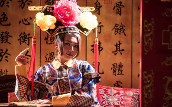 Chinese Taiwanese woman in traditional costume posed before a scroll with calligraphy, featuring elaborate headwear and ornate clothing, captured in 4K Ultra HD detail.