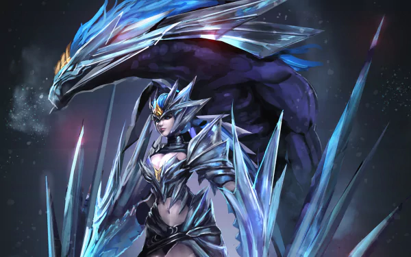 A stunning HD wallpaper featuring Shyvana from League of Legends, showcasing her icy armor and a formidable dragon companion in a dynamic, fantasy setting.