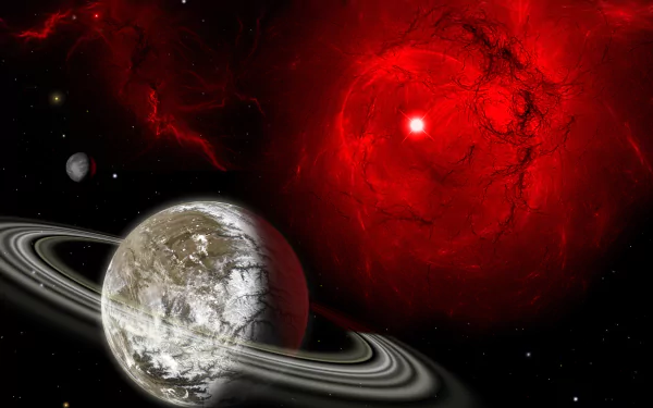 A Sci-Fi 4K Ultra HD wallpaper featuring a Super Earth with a prominent planetary ring, a satellite, and a glowing red star in deep space.