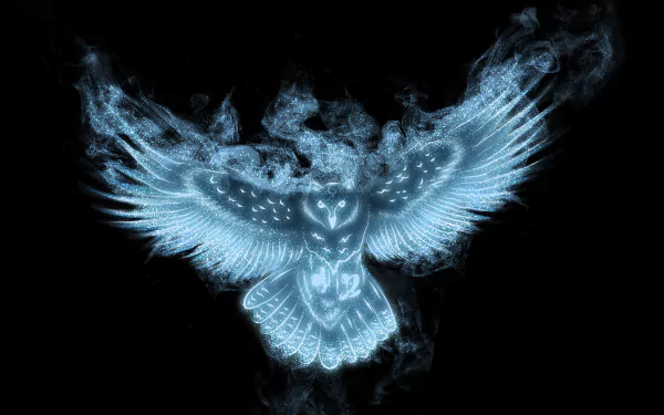 A mystical, glowing owl with outstretched wings, surrounded by ethereal smoke, creates a captivating HD desktop wallpaper and background.