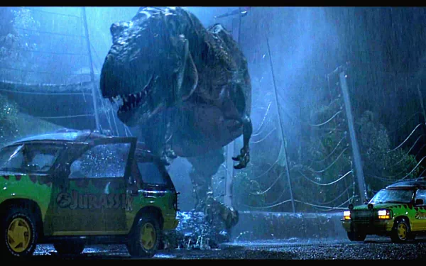 A dramatic scene from Jurassic Park featuring a roaring T. rex looming over parked vehicles in the rain, showcasing the film's thrilling atmosphere and immersive adventure.