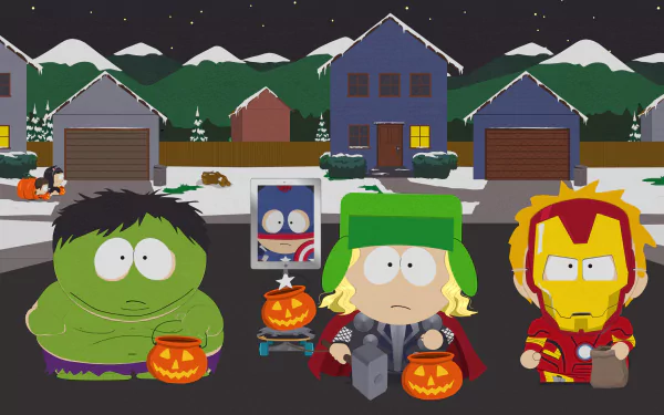 Thor costume Captain America Iron Man Hulk halloween Kenny McCormick Kyle Broflovski Stan Marsh Eric Cartman TV Show South Park HD Desktop Wallpaper | Background Image