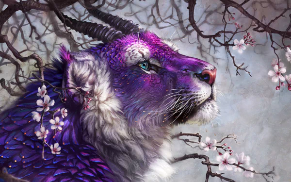 HD desktop wallpaper featuring a mythical tiger with a vibrant purple mane, adorned with cherry blossoms, set against a misty, floral backdrop.