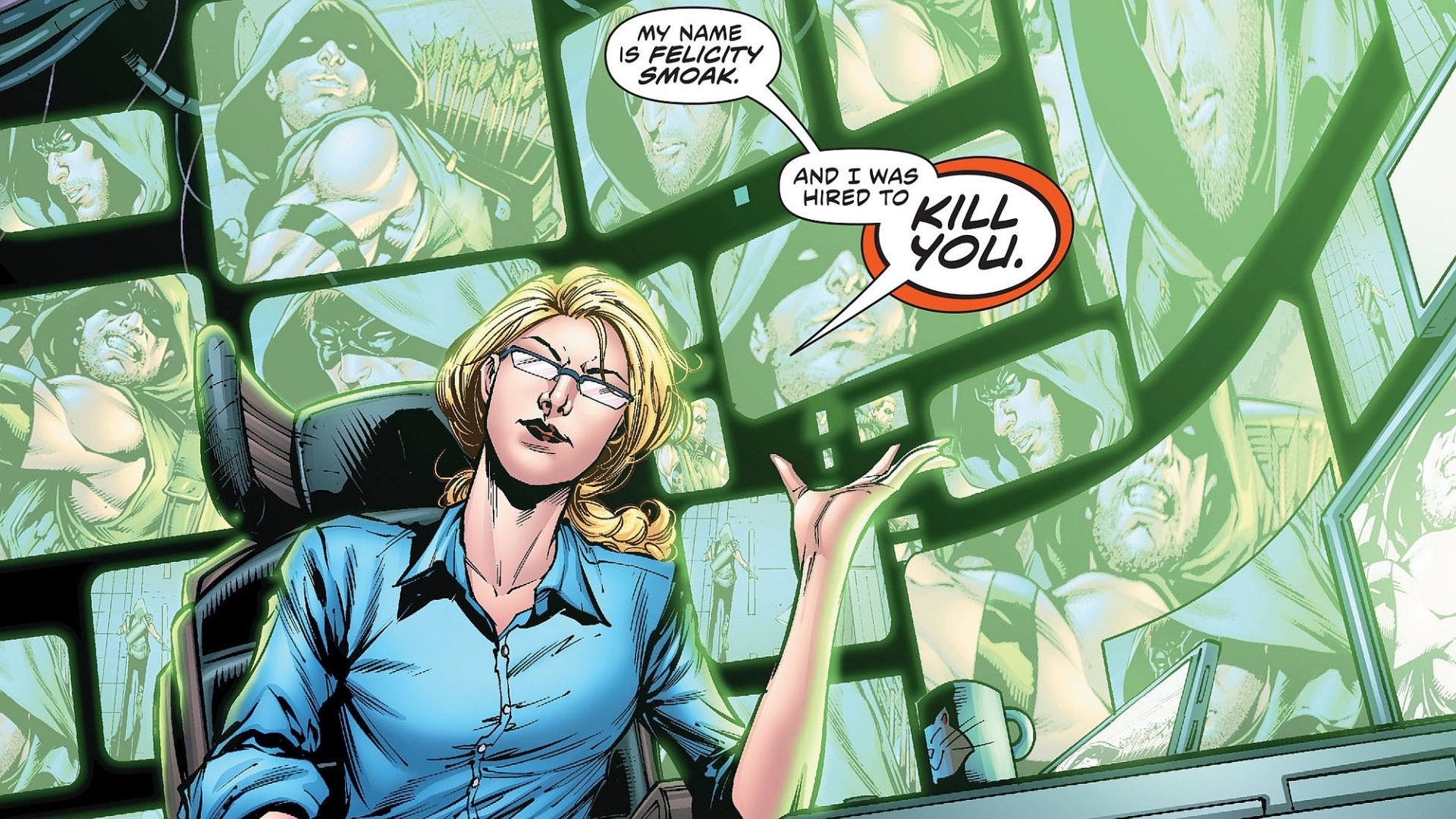 HD comic PC wallpaper of Felicity Smoak (Arrow — DC Comics/TV show) before a bank of monitors, smirking as speech bubbles say 'My name is Felicity Smoak' and 'I was hired to kill you.'