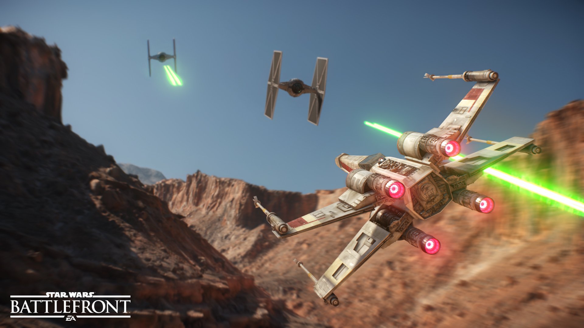 HD PC desktop wallpaper from the video game Star Wars Battlefront (2015): an X-wing dogfights TIE fighters over a rocky desert canyon, green laser fire streaking across the sky.