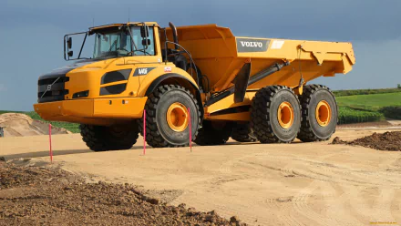 Volvo A40F dump truck on a construction site, featured as an HD PC desktop wallpaper showcasing a heavy-duty construction vehicle.