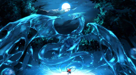 Anime-style HD desktop wallpaper featuring a summoner facing a majestic blue dragon under a luminous full moon, set in a mystical night forest from Pixiv Fantasia.