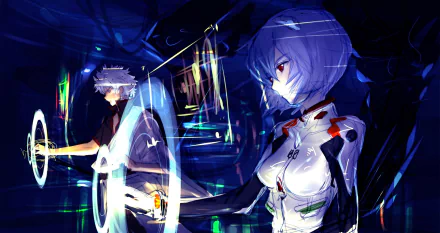 A vibrant crossover image featuring Gintoki Sakata from Gintama alongside Rei Ayanami from Neon Genesis Evangelion, creating a striking anime desktop wallpaper.