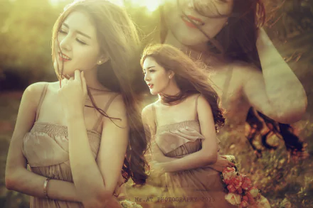 HD desktop wallpaper of a smiling Vietnamese woman named Lilly Luta. She wears a dress and a floral wreath, set against a bokeh background. The image radiates warmth and serenity.