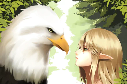Anime-style HD desktop wallpaper featuring a close-up of an elf with pointed ears gazing at a majestic white eagle amid lush green foliage.