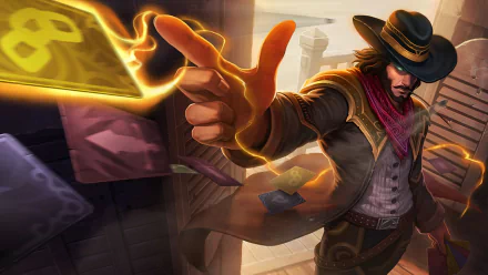 A dynamic image of Twisted Fate from League of Legends, showcasing his card-throwing abilities in a vibrant HD desktop wallpaper. A captivating background for any fan of the game.