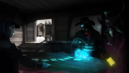 A dramatic League of Legends scene featuring LeBlanc and Twisted Fate at a card table, set in a dimly lit environment, showcasing their mystical and strategic gameplay.