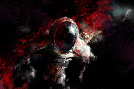 An evocative sci-fi scene featuring an astronaut against a backdrop of dark, swirling colors, creating a captivating HD desktop wallpaper and background.