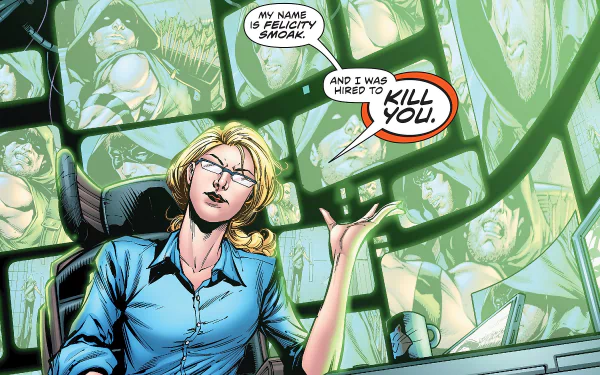 HD comic PC wallpaper of Felicity Smoak (Arrow — DC Comics/TV show) before a bank of monitors, smirking as speech bubbles say 'My name is Felicity Smoak' and 'I was hired to kill you.'