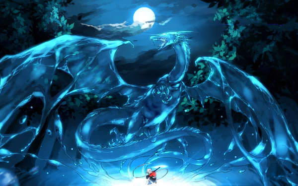 Anime-style HD desktop wallpaper featuring a summoner facing a majestic blue dragon under a luminous full moon, set in a mystical night forest from Pixiv Fantasia.