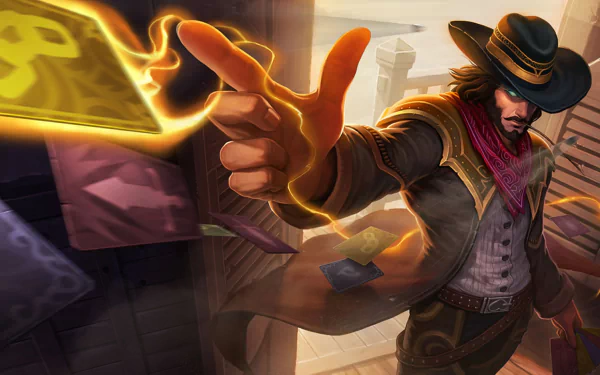 A dynamic image of Twisted Fate from League of Legends, showcasing his card-throwing abilities in a vibrant HD desktop wallpaper. A captivating background for any fan of the game.