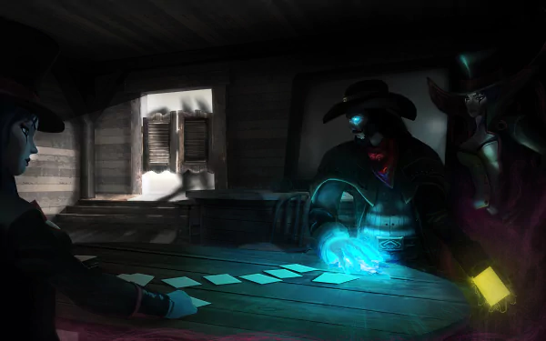 A dramatic League of Legends scene featuring LeBlanc and Twisted Fate at a card table, set in a dimly lit environment, showcasing their mystical and strategic gameplay.
