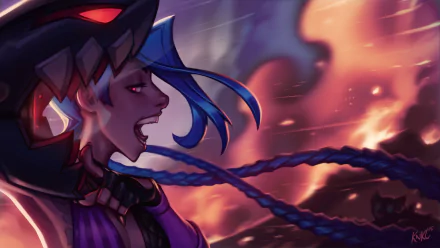 HD PC desktop wallpaper featuring Jinx from the video game League of Legends with dynamic blue hair and an intense fiery background.