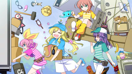 HD PC desktop wallpaper for the video game Tantei Opera Milky Holmes: four cheerful girl detectives in colorful outfits amid floating toys, gadgets and boxes under a bright sky.