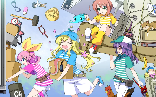 HD PC desktop wallpaper for the video game Tantei Opera Milky Holmes: four cheerful girl detectives in colorful outfits amid floating toys, gadgets and boxes under a bright sky.