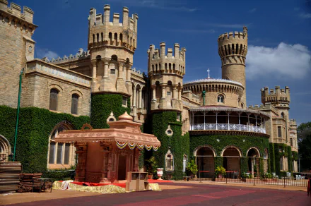 4K Ultra HD image of Bangalore Palace in Karnataka, showcasing its historic man-made architecture under a clear blue sky.