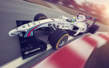 Williams F1 race car in white livery tearing around a corner with motion blur on a racetrack — dynamic 2K Quad HD PC desktop wallpaper background.