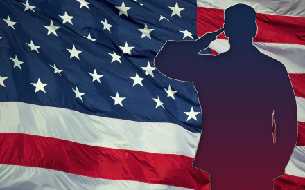 Memorial Day holiday 2K Quad HD PC desktop wallpaper/background: silhouette of a saluting service member against a waving American flag.