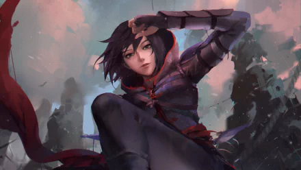 HD PC desktop wallpaper featuring Shao Jun from the video game Assassin's Creed Chronicles: China in a dynamic, action-ready pose against a moody sky backdrop.