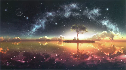 HD desktop wallpaper displaying an anime landscape with a tree and a bench on a small island reflected in calm waters, set against a starry night sky with a glowing sunset.